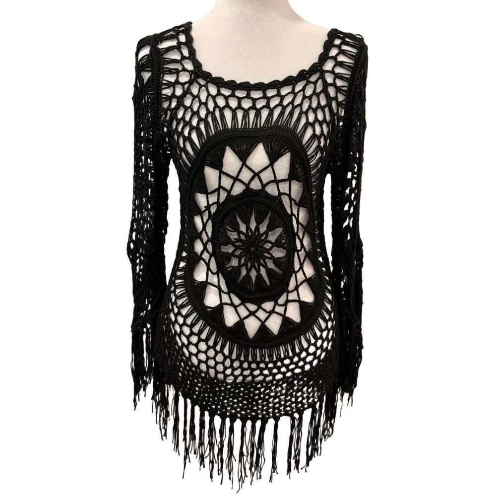 Black Crochet Mandala Top SM Long Sleeve Tassel Whimsigoth Boho Grunge Festival